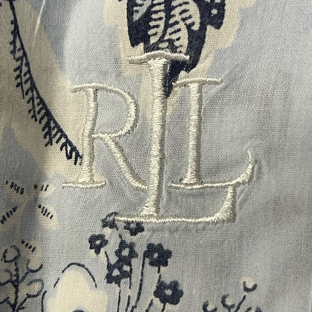 Embroidered Floral Ralph Lauren button up ladies shirt in Light Blue and Navy